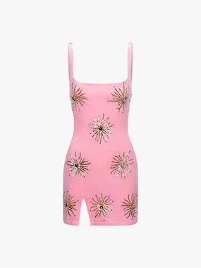 Oceanus Callie Pink Embellished Square-Neck Mini Dress Velvet